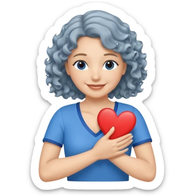 Silver, wavy/curly hair chin-length lady giving hug with 2 arms, blue v-neck and smiling, add a heart, not blue hair sticker