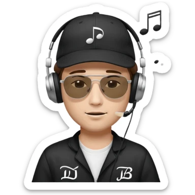 dj man white with baseball cap - rayban Sun Glasses 80s - brown hair - closed eyes with headphones on with musical note over head (listening to music ) - eyes closed no glasses - black hat  musical notes floating around head - DJ DLG written on hat sticker