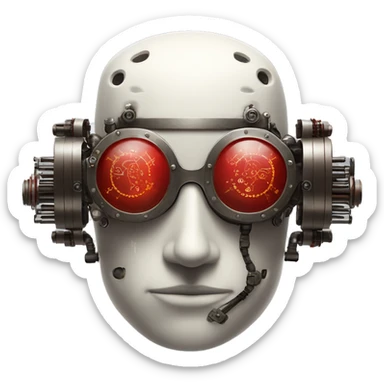 Bald cyborg head with red steampunk goggles, white five o’clock shadow, and circuits sticker