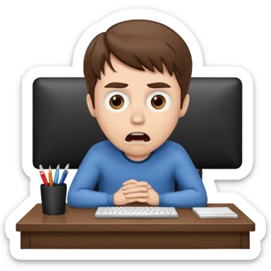 A white man with brown hairs, white skin,   sits at his desk in shock sticker