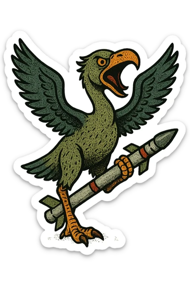 an insignia for a flag: a strange foreign alien bird creature, resembling a prehistoric phorusrhacos, gripping a sidewinder missile in its' powerful claw, standing up on its' other claw, cawing fiercely, wings spread in defiance.
 sticker