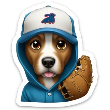 Dog wearing a hat and hoodie with a baseball glove and baseball  sticker