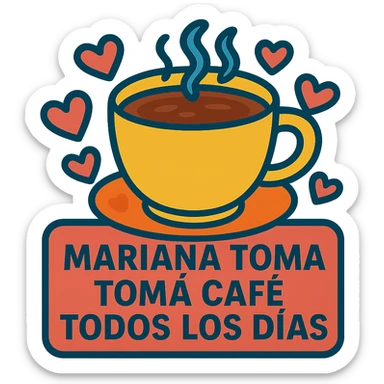 Add hearts around the large coffee cup, keep the phrase 'mariana toma café todos los días'. sticker