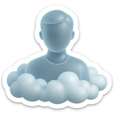 person looking straight ahead, shoulders immersed in fluffy, voluminous white clouds, soft and 3D clouds, matte glass style sticker