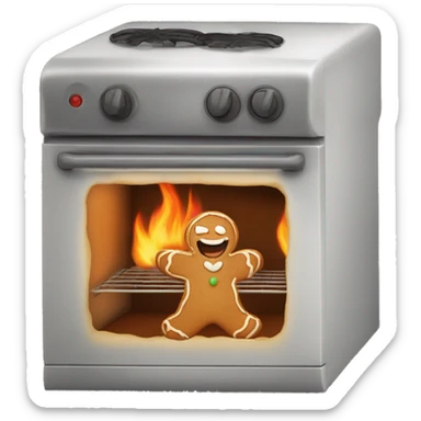 Oven burning with scared gingerbread man trapped inside sticker