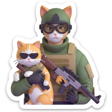 Man in tactical airsoft gear wearing protective goggles on face, holding a gun in one hand and a white and brown cat in the other hand sticker