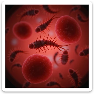 hyperrealistic 4K illustration of human blood under microscope showing numerous Trypanosoma protozoa among red blood cells, elongated shape, flagellum and nucleus highlighted, extremely realistic details, clinical atmosphere sticker