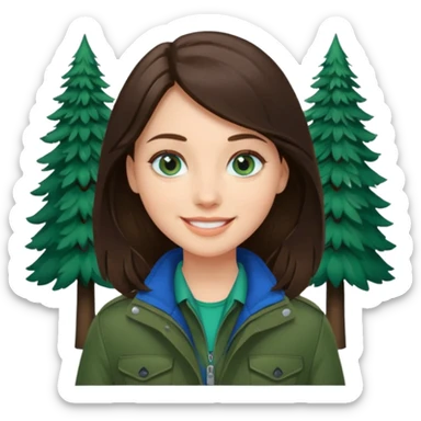 brunette with blue eyes skiing in a forest green jacket sticker