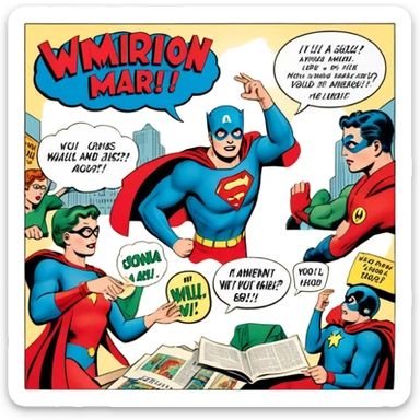 Icon for Vintage American Comics: an open comic magazine with classic 1940s-1950s American comic art, featuring superheroes in bold, bright colors, with action panels and exaggerated speech bubbles. The icon should represent the nostalgic style of vintage comics. Transparent background. sticker