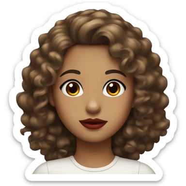 Girl with curly brown long hair and black eyes with red lipstick and eyeliner sticker