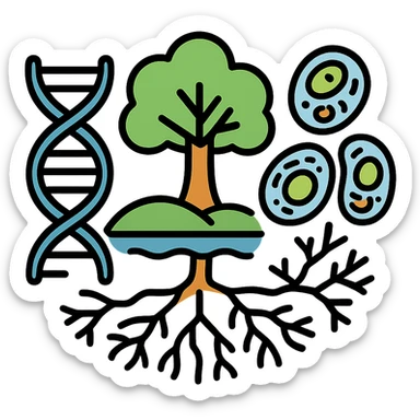 A realistic biological illustration (like in a school book) showing: DNA strands transitioning into a tree, cells with visible organelles, neurons connected to plant roots  and a balanced ecosystem background . Seamless integration, no labels or borders, complete white background (not off white!), detailed but minimalist.  sticker