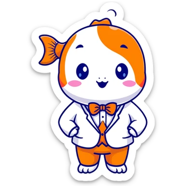 A super kawaii koi fish character with enormous cute eyes, blushing cheeks, bubbly playful expression, orange and white patterns, wearing a tiny business suit with bowtie sticker