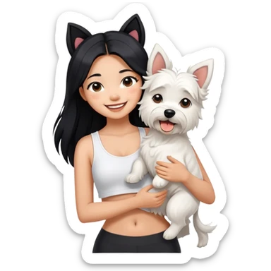 An Asain girl with long black hair wearing a white crop top and black legging,she is smiling and hugging a west highland terrier with big ears  sticker