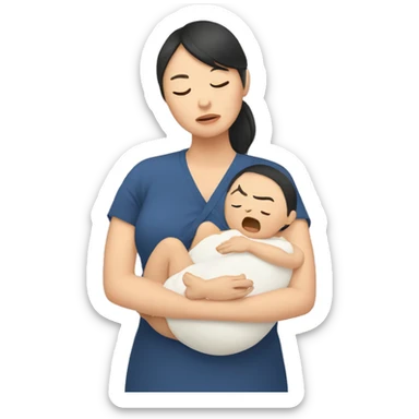 A tired Asian woman holds a baby in her arms sticker