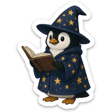 penguin wizard holding a spellbook, wearing a starry robe sticker