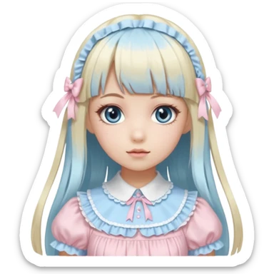 girl , who has straight hair blonde and baby bule swirled hair with bangs , grey eyes , and doll like makeup , in a light pink lolita hime gyaru dress  sticker