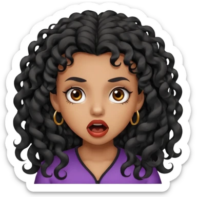 girl with long black curls and brown eyes, brown skin, eyelashes, siren eyes, make her mouth open and mad expression sticker