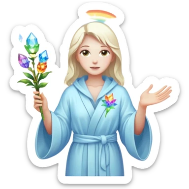 a being of light with a robe on made of light and who is lanky holding a bouquet of crystal flowers on rainbow fire sticker