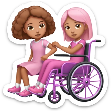 One tan skin sister pushing her light brown skin sister in a pink wheelchair sticker