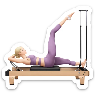 A girl doing a pilate reformer exercize on side. We have a side view of her sticker