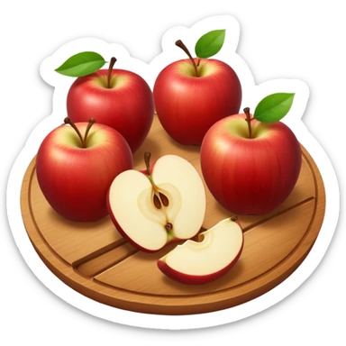 A round wooden board on which there are three whole apples and one apple, cut into two halves and several slices, with a soft glow sticker
