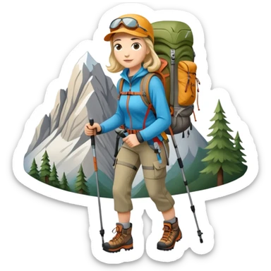 female mountain climber with backpack and hiking poles sticker