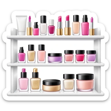 a white shelf with few beauty products and sparkles sticker