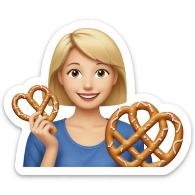 Short, Straight, Dirty blond hair, fair skin, woman holding pretzels and winking sticker