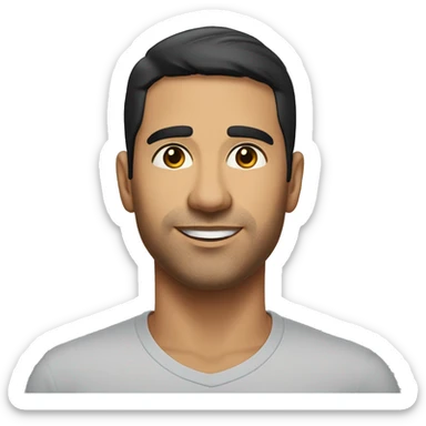 A head and shoulders shot of a 35 year old Hispanic man, with short black hair,   with brown eyes wearing a t-shirt. sticker