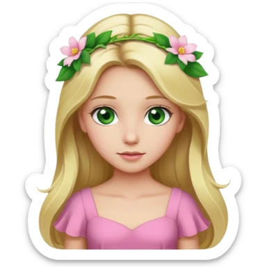 Girl profile picture with long blonde hair and green eyes and a flower in her hair. and a pink outfit sticker