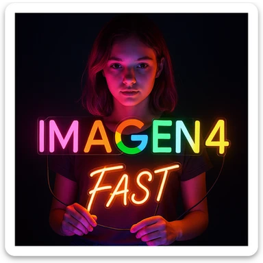 make a girl holding this sign, but sign in made of neon, also add fast below the sign sticker