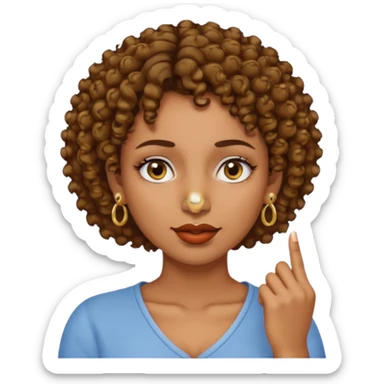 faça uma mulher com o cabelo curtinho cacheado com piercing no nariz e brincos e o dedo indicador no canto da boca morena sticker