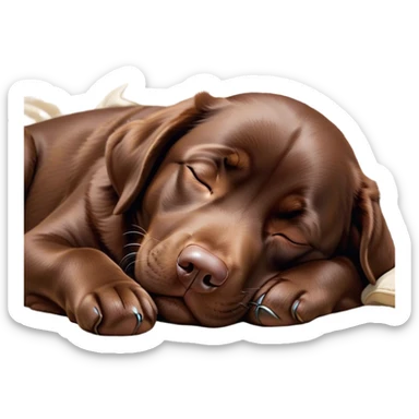 Meme-Worthy Cute Sleeping Chocolate Labrador Portrait Emoji, Head resting peacefully with a contented smile, showcasing a delightfully robust build and a luxuriously soft chocolate Fur, eyes shut in a serene nap, Simplified yet hilariously adorable features, highly detailed, glowing with a soft, drowsy light, high shine, relaxed and utterly lovable, stylized with an air of playful laziness, bright and heartwarming, soft glowing outline, capturing the essence of a comically sleepy companion, so meme-worthy it feels like it could instantly become the next viral sensation of adorable slumber! sticker