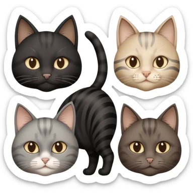 gatto nero con muso zona naso bianco (ricorda la maschera di batman), gatto siberiano grigio e beige mescolato, gatto grigio chiaro con qualche striatura grigio scura, gatto marrone con macchie beige sticker