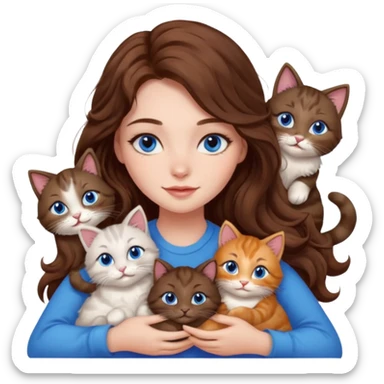 girl with long wavy brown hair, blue eyes, long lashes makeup, cuddling with 6 cats sticker
