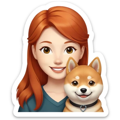 smiling redhead with Shiba Inu sticker