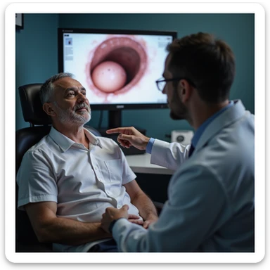 realistic endoscopic exam on adult man, monitor showing small polyp and doctor pointing to suspicious cancer area, clinical environment sticker