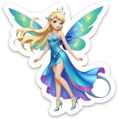 Isolated, rendering, Tinkerbell with futuristic cyberpunk style and colors, ultra detailed wings, flying by the quarter shaped, blue iridescent whimsical moon, blonde long flowing hair,  jewel green eyes, pink cheeks and lips,  in a one piece blue dress, full body side view, masterpiece  sticker