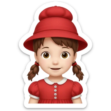 baby girl with brown hair and pigtails with a hat and red dress like My Neighbor Totoro movie sticker