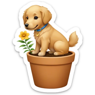 Golden retriever, dog being planted into a flower pot sticker