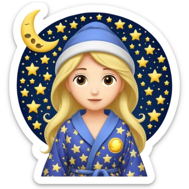 moon wearing oversized pajama hat tangled in stars sticker