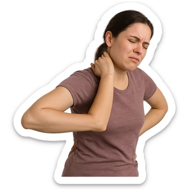 realistic woman with posture showing frequent discomfort and muscle tension, expression of discomfort, isolated composition on white background sticker