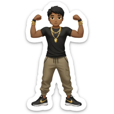 full side body close up view of muscular 13yo boy with veiny hands arms and biceps. has messy black hair with dark-tan skintone with black tshirt. has gold chain and nike shoes with baggy pants sticker