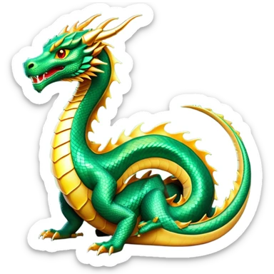 cinematic-noble-dragon-full body-emoji,-poised-and-majestic,-with-a-sinuous,-elongated-build-and-shimmering,-scale-covered-skin-in-hues-of-emerald-and-gold,-piercing,-fiery-eyes,-simplified-yet-sharp-and-sophisticated-features,-highly-detailed, zoomed out showing the serpentine body sticker