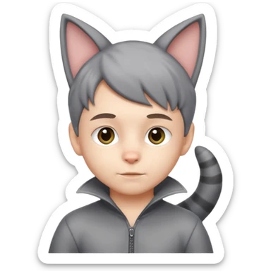 Boy kid in gray cat suit with tail and ears sticker