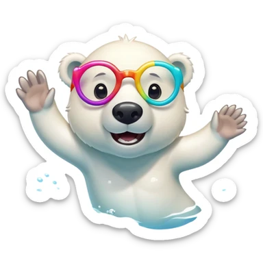 friendly anthropomorphised polar bear swimming in a crawl pose, wearing oversized colorful star glasses, excited expression, no festive outfit sticker
