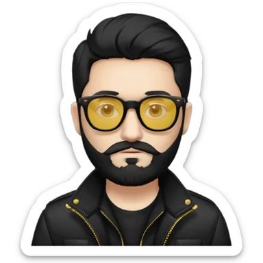 A man White middle long middle part black hair sunglasses with yellowish glasses And black jacket. Hipster black beard sticker