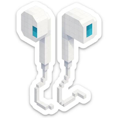 white Apple EarPods, isometric view, voxel style sticker