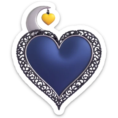 gothic heart, midnight blue satin texture, silver crescent moon charm, black lace trim, mysterious and elegant sticker