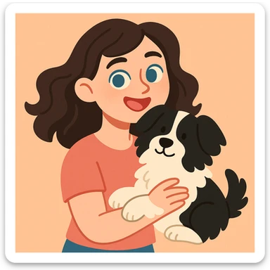 soft cartoon style of a Baltic girl with fair skin, brunette wavy hair, and blue eyes, smiling while holding her fluffy black and white dog sticker